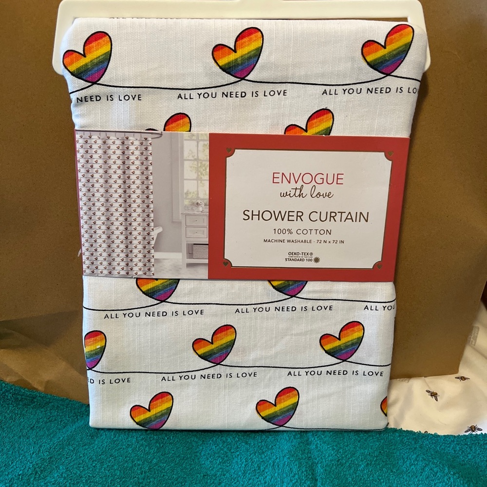 NEW Envogue With Love Shower Curtain "All You Need Is Love" 72x72 Hearts Rainbow